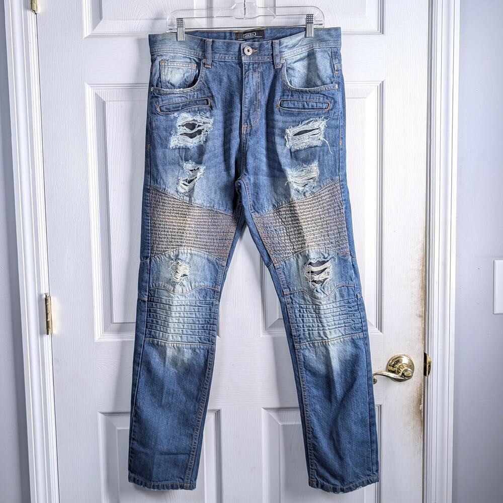 DASH Premium Denim Distressed Moto Jeans - Medium Wash - Size 34x30